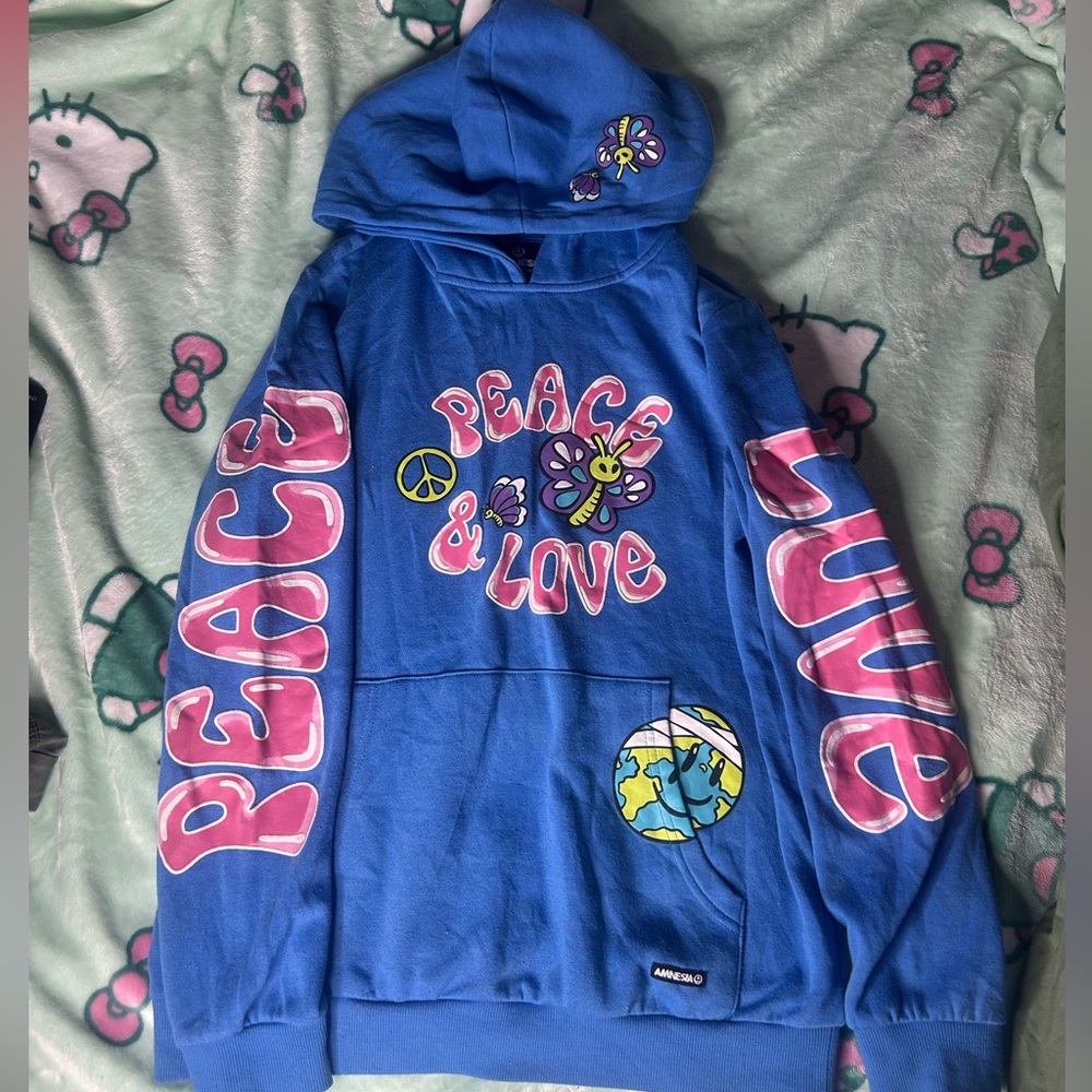 Blue Unisex Peace & Love Hoodie with Fun Graphics – Amnesia Youth XL16